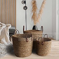 Сет от 3 броя плетени кошове с кожени дръжки