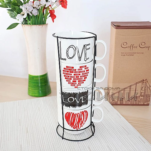Комплект чаши за кафе на стойка "LOVE"