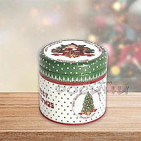 Коледна метална кръгла кутия с капак и коледни мотиви